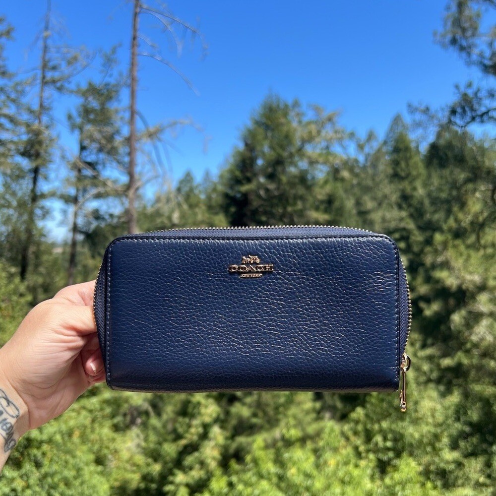 COACH Long Zip-Around Blue Pebble Leather Wallet with Gold Hardware AUTHENTIC